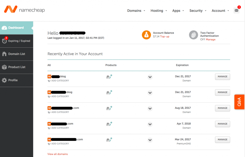 Namecheap dashboard