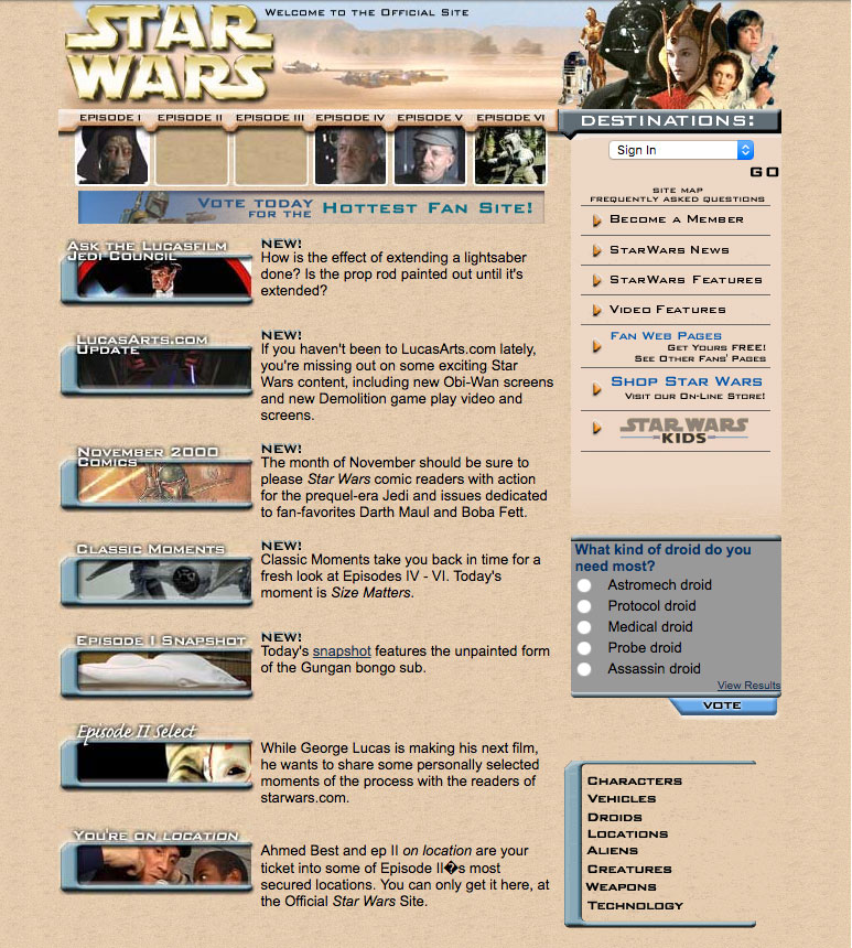 snapshot of starwars.com in 2000