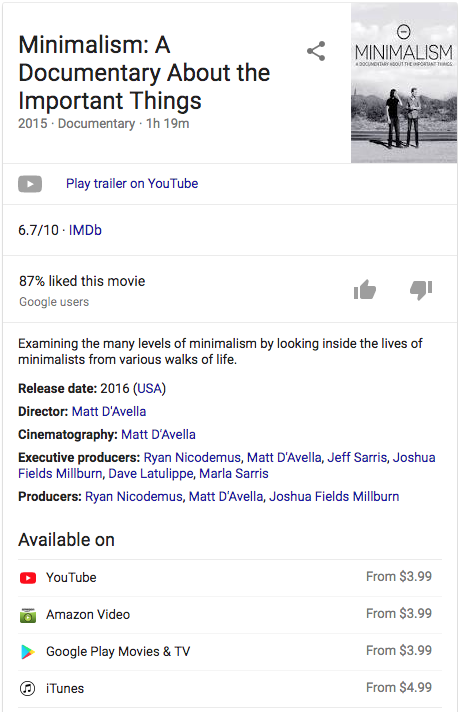Screenshot of the Google knowledge graph of Minimalism: A Documentary