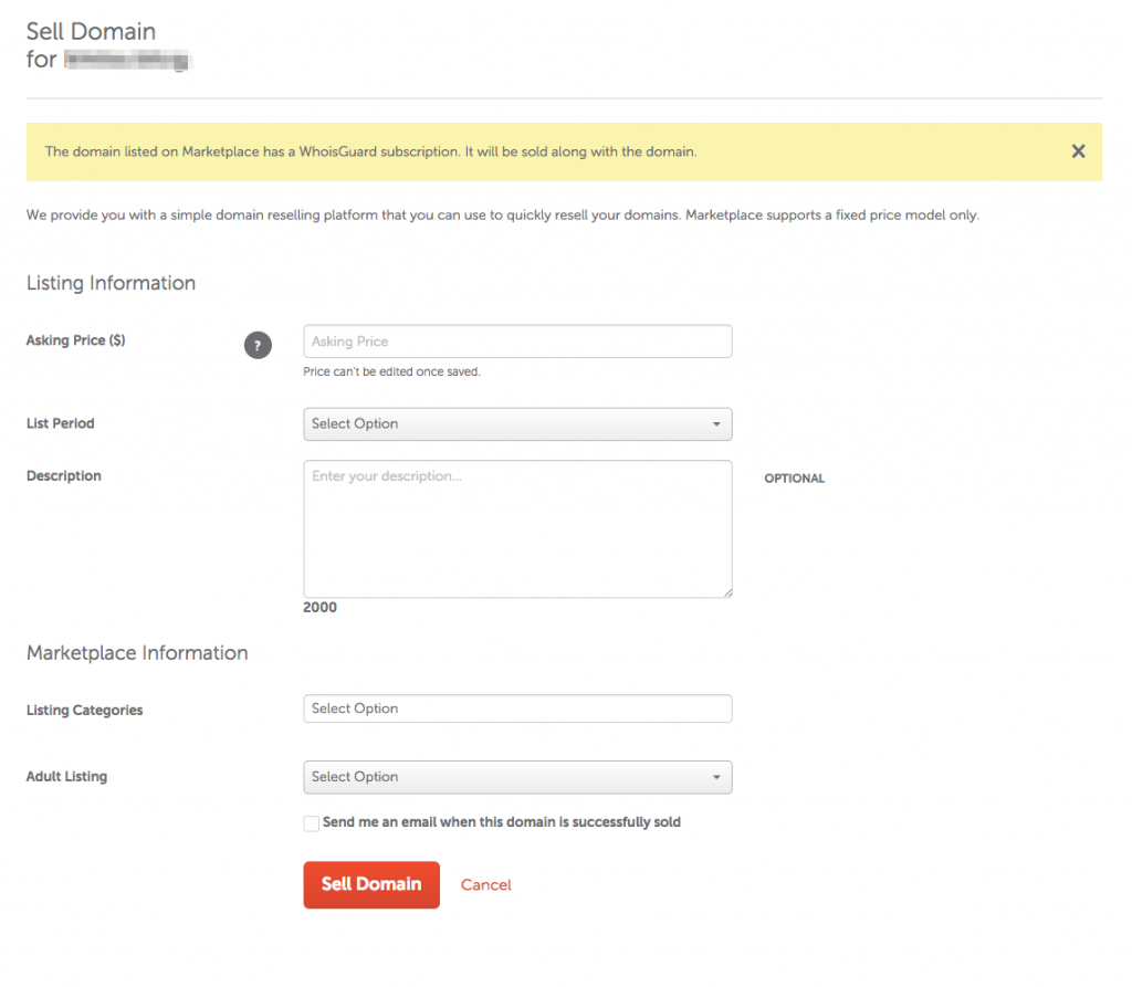 screenshot of sell domain page at Namecheap