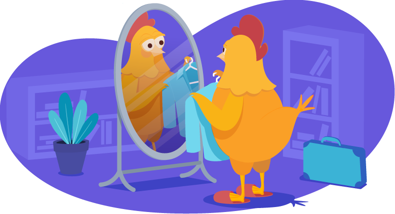 Chicken holding up shirt in front of a mirror