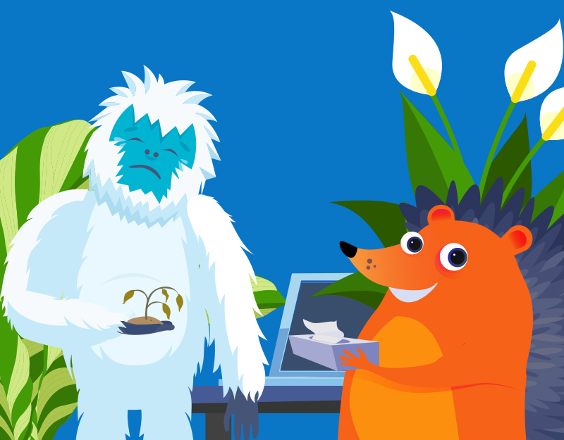 Yeti complaining about a dead plant to hedgehog