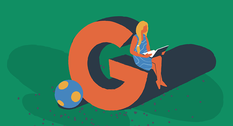 Woman sitting on a letter G