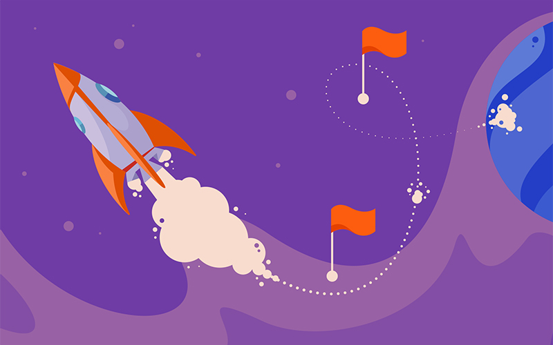 Rocket flying past checkpoints like the steps in a business plan