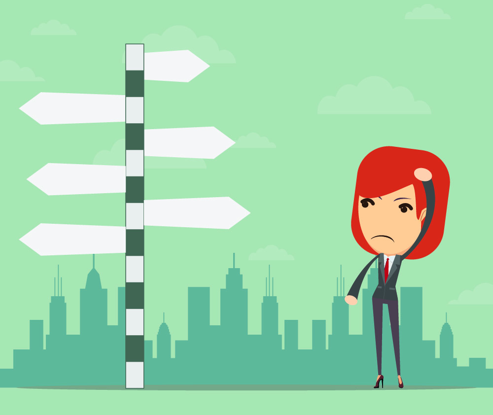 graphic of woman at a signpost trying to make decision