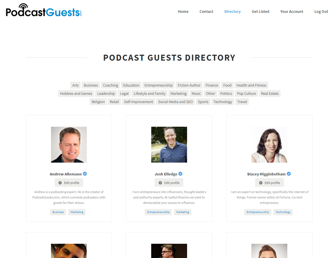 screenshot from podcastguests site