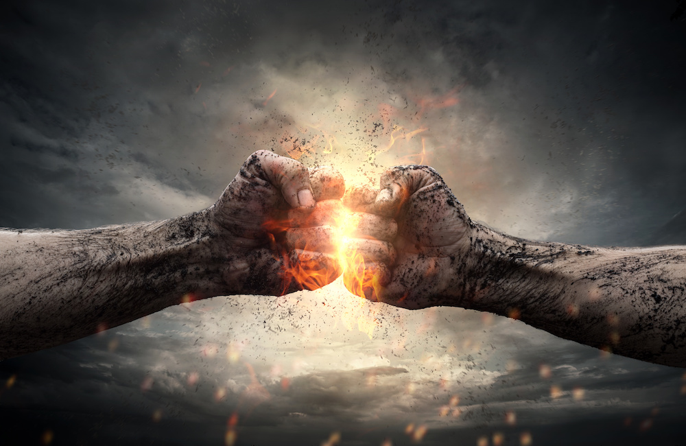 Fist bump with fire and electricity