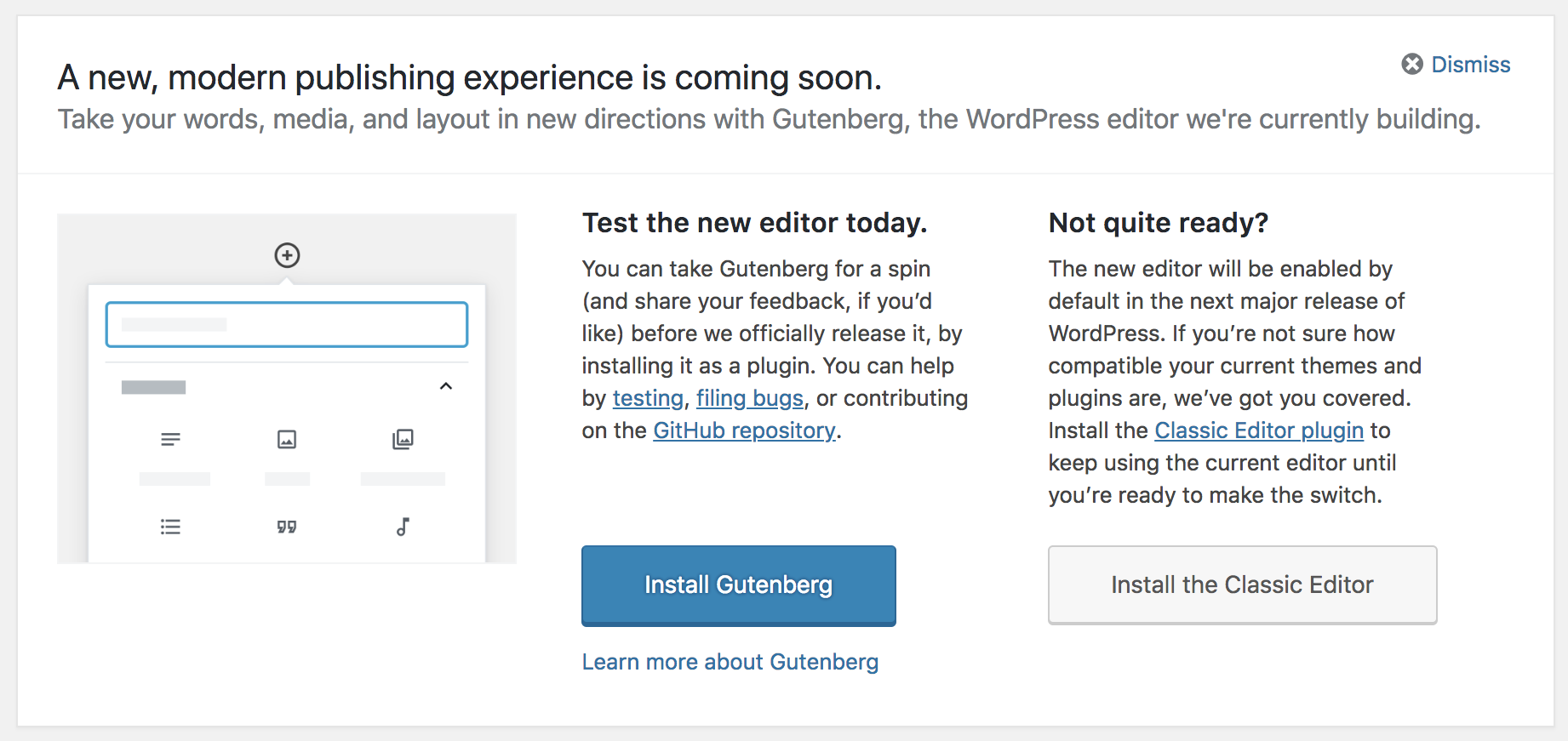 screenshot of Gutenberg option in WordPress