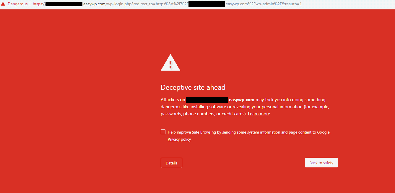 Flagged EasyWP subdomain on Google Chrome. The page is all red and Google says it's "dangerous".