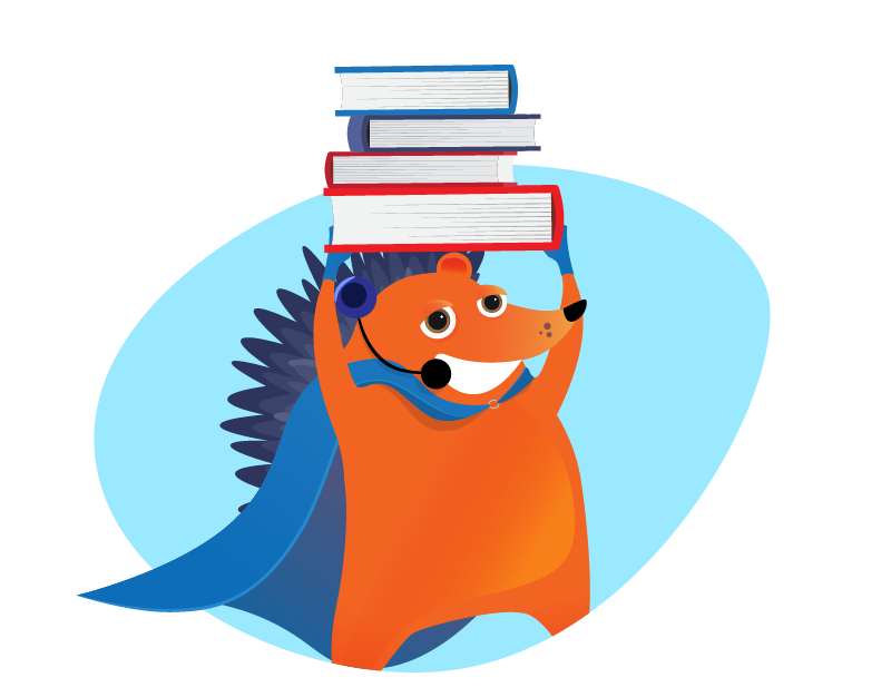hedgehog support representative holding pile of books