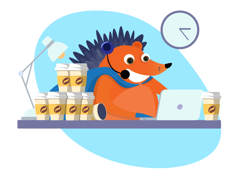 Hedgehog doing customer support with lots of coffee