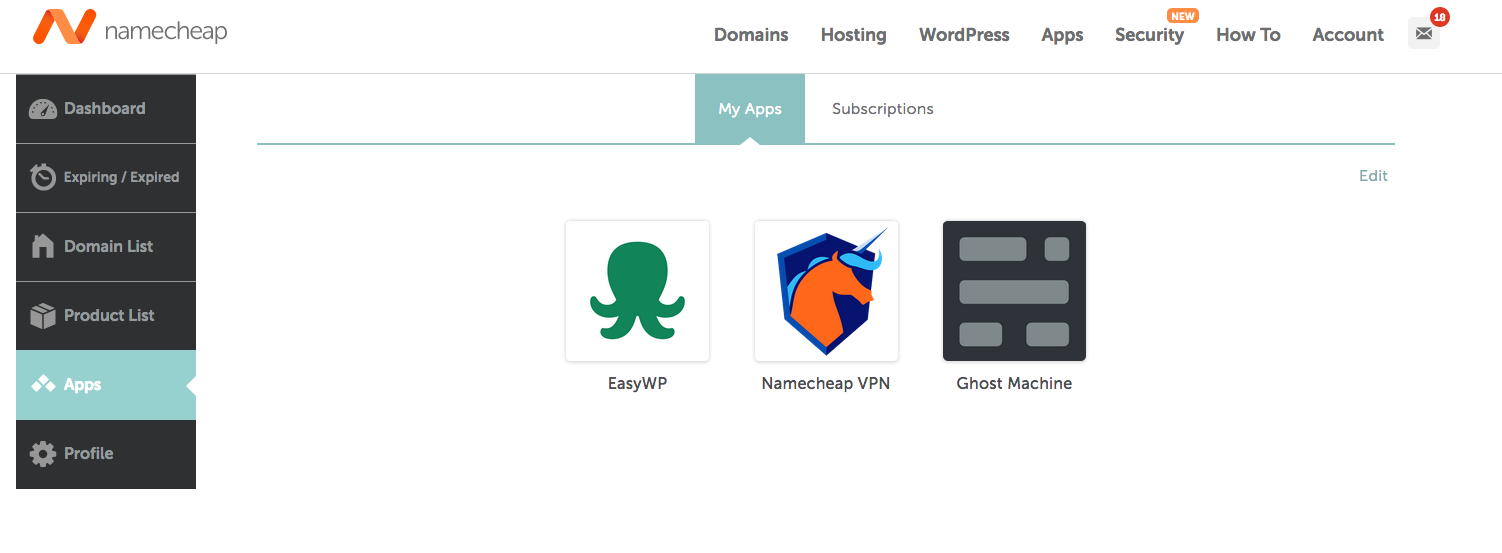 screenshot of Ghost Machine in Namecheap account