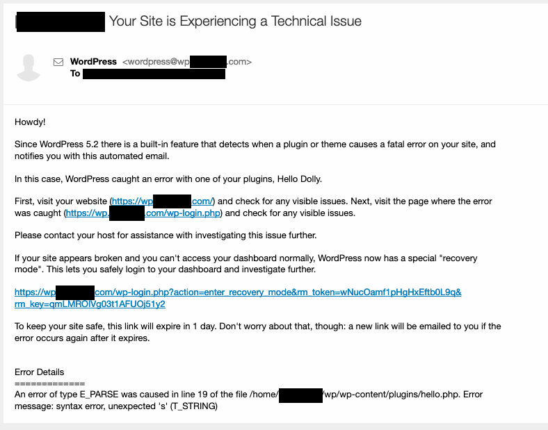 example of WordPress error message email