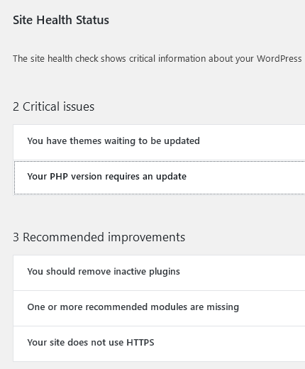 site health status panel
