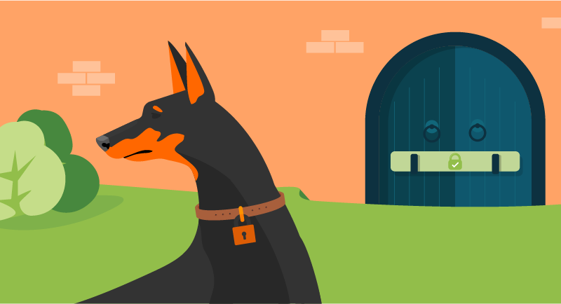 Security doberman at castle gate