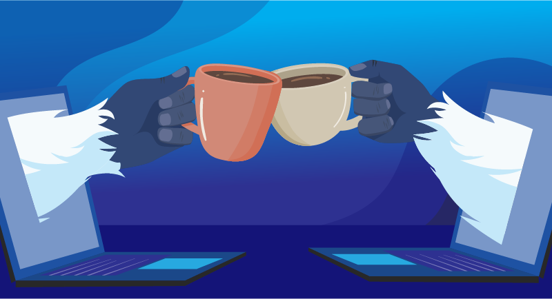 Yetis cheering each other with hot coffee
