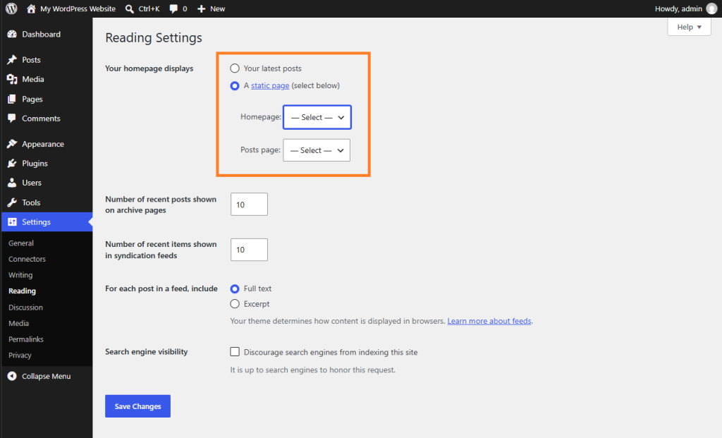 Reading settings screenshot