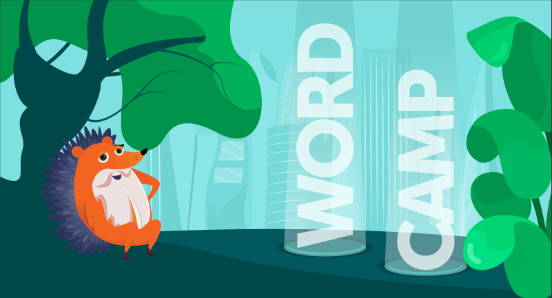 hedgehog sitting under tree with WordCamp words