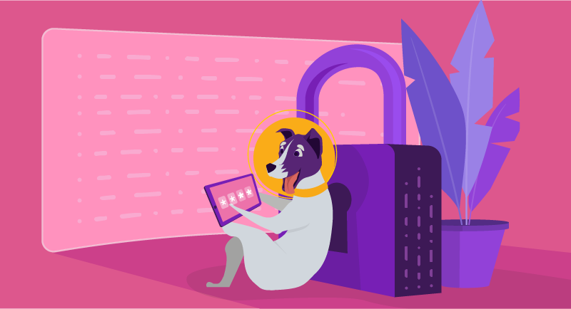 dog sitting at tablet with secure padlock