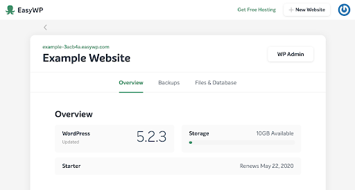 screenshot of EasyWP dashboard