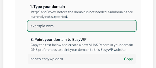 Screenshot of typing your domain in EasyWP