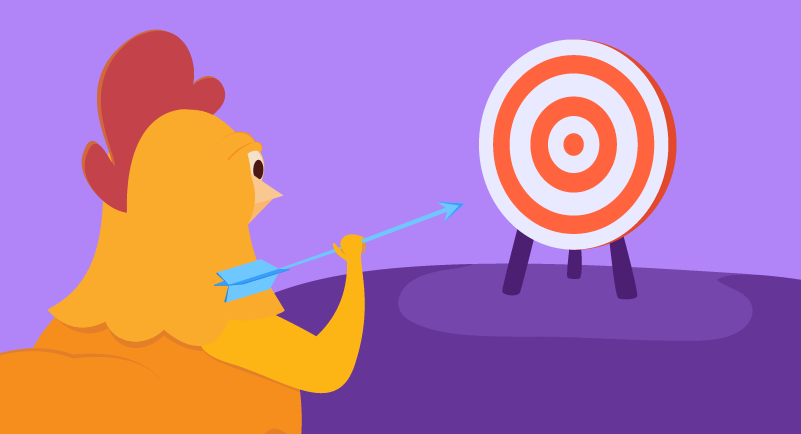 chicken trying to hit a target with an arrow