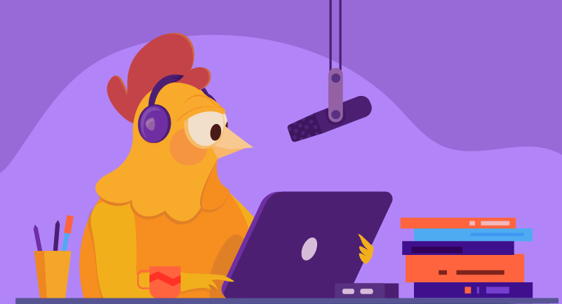 chicken recording a podcast