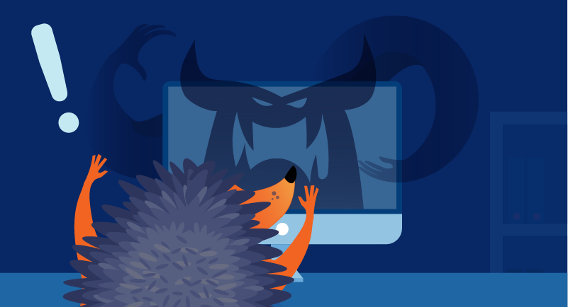 hedgehog frightened by malware on laptop