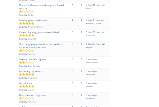 screenshot of feedback from Gutenberg