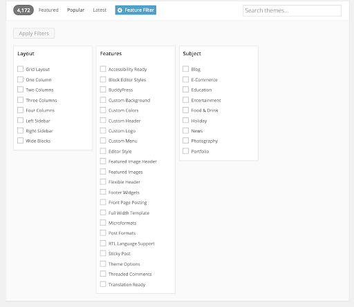 theme filters in WordPress repository