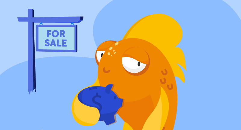 fish with piggy bank and for sale sign