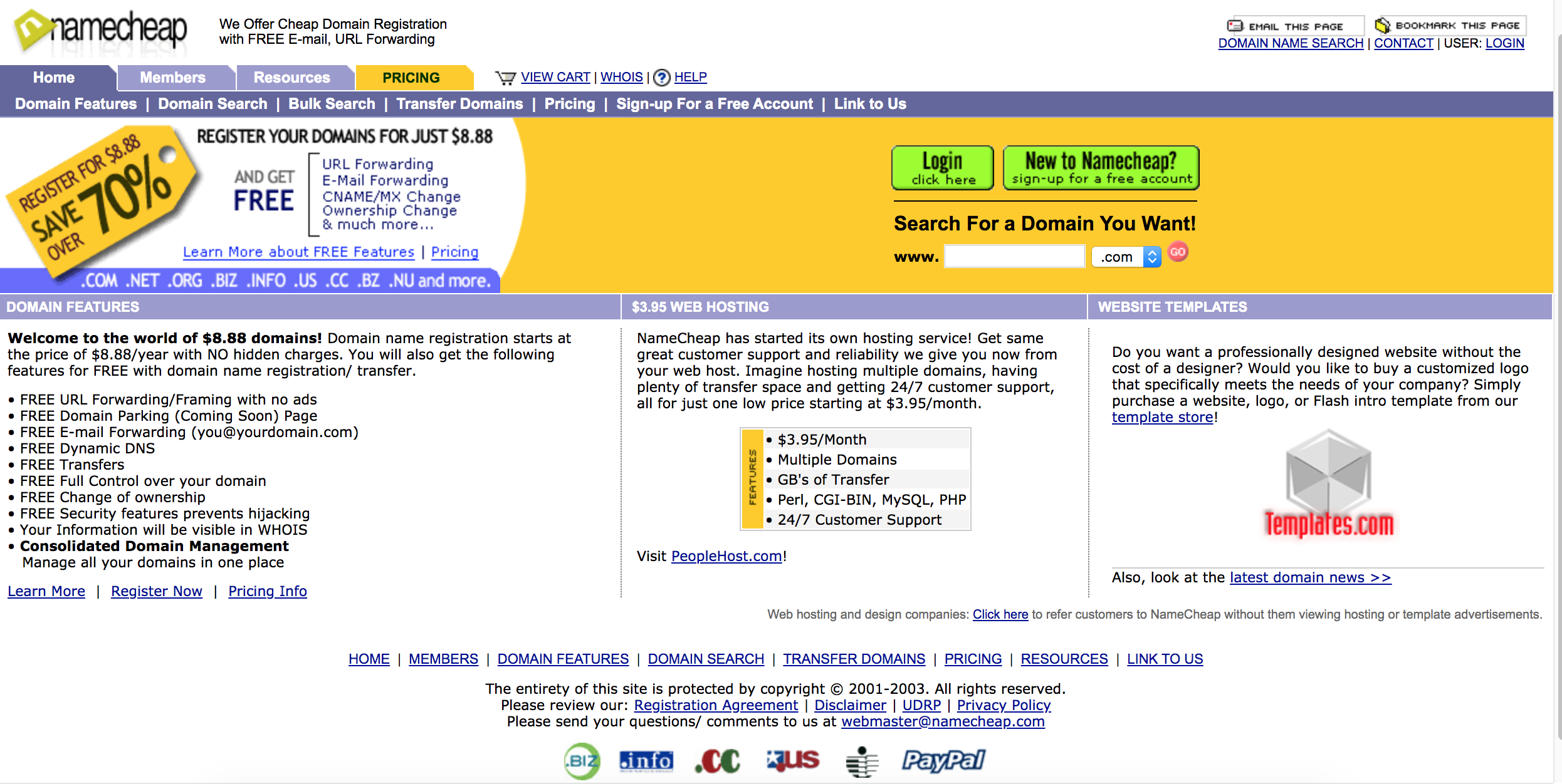 screenshot of Namecheap website in 2003