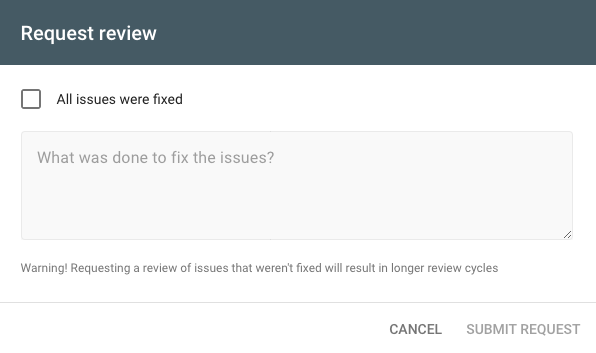 Form to submit a review request to Google