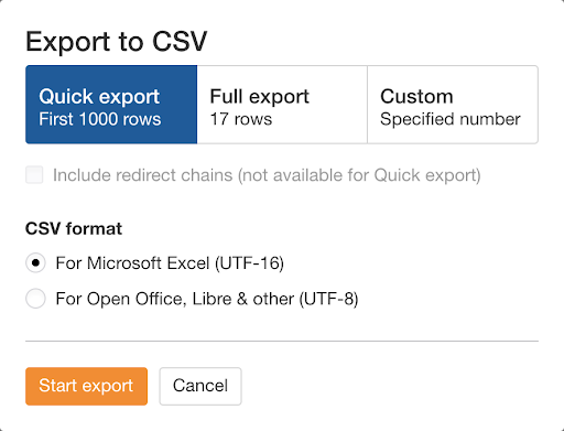 export to CSV screen