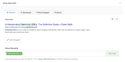 Rank Math keyword display