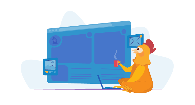 Chicken at laptop with coffee