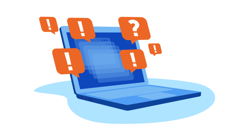 laptop with questions and exclamation marks
