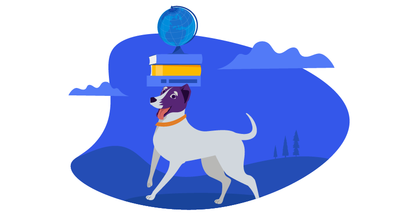 dog balancing books and globe on its head