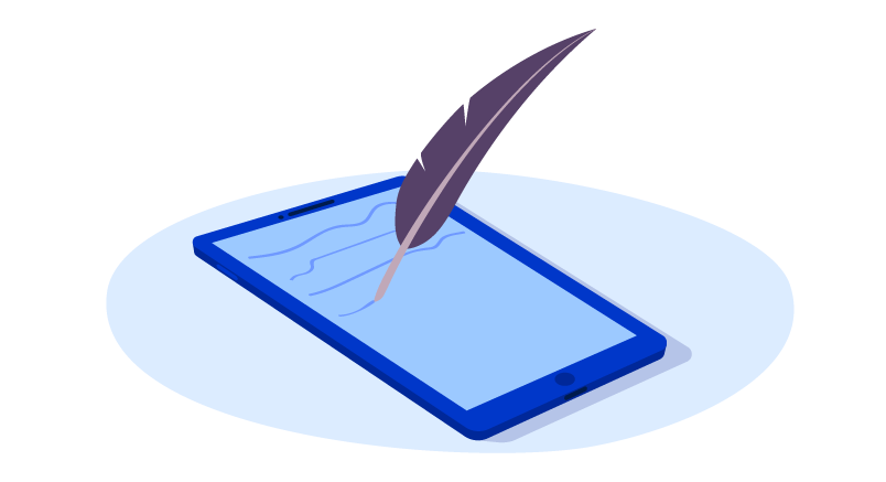 quill pen on tablet