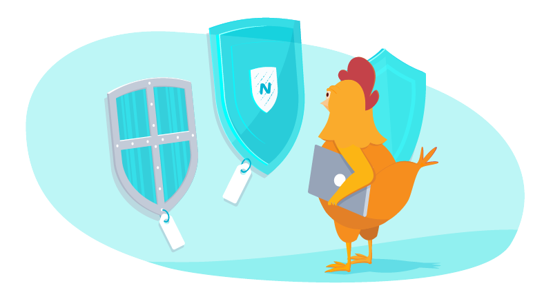 Chicken choosing between VPN services represented as shields
