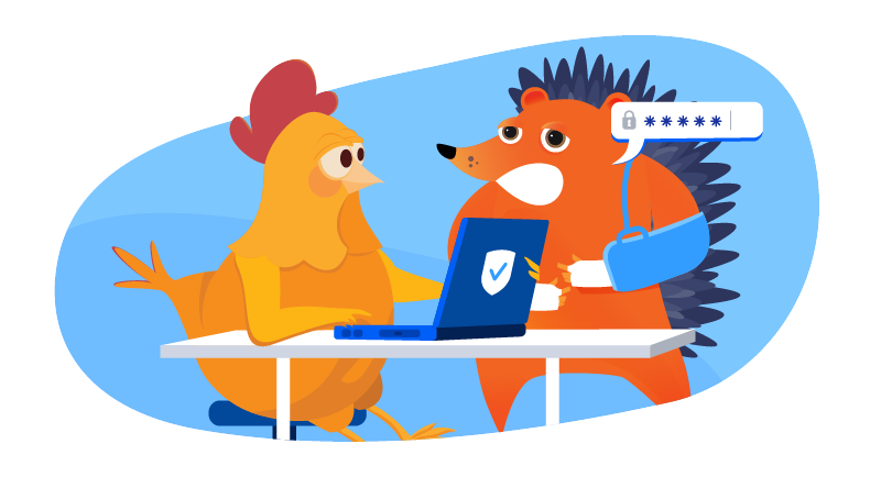 hedgehog with broken arm asking chicken to help with website