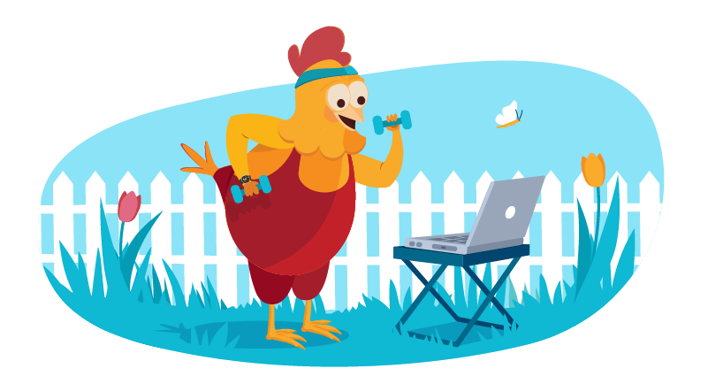 Chicken working form home on laptop outside with exercise gear