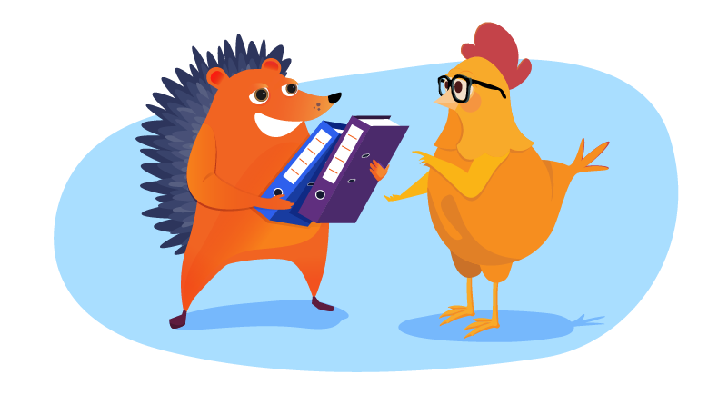 Hedgehog handing over business information to chicken
