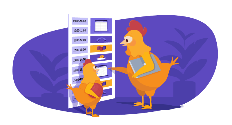Chicken and kid setting a schedule