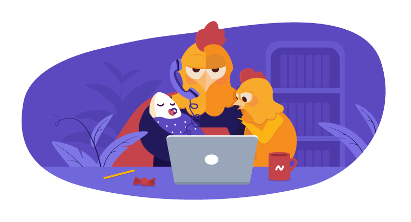 Chicken working with kids at laptop