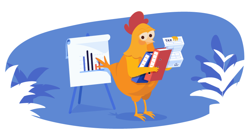 chicken working on taxes and other tasks