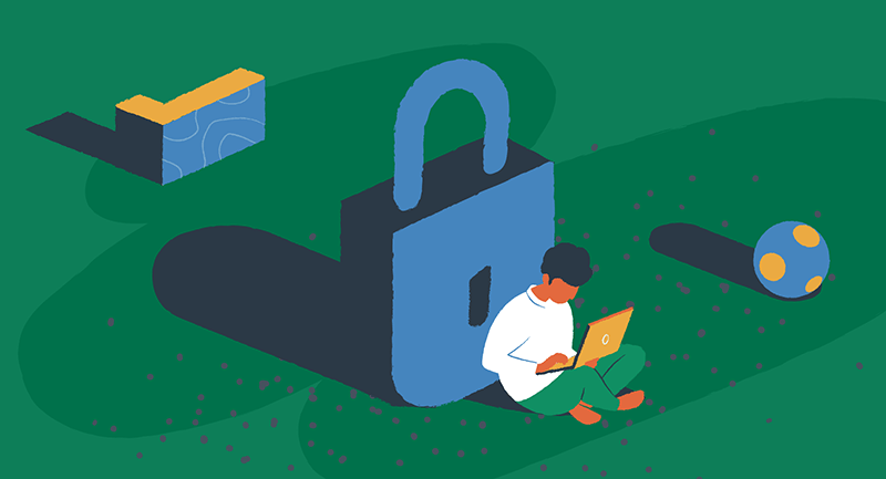 man sitting against a padlock