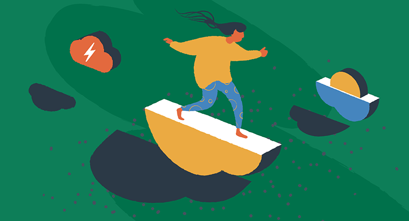 woman surfing on a cloud