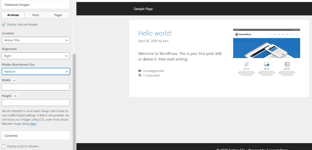 Featured image options in GeneratePress