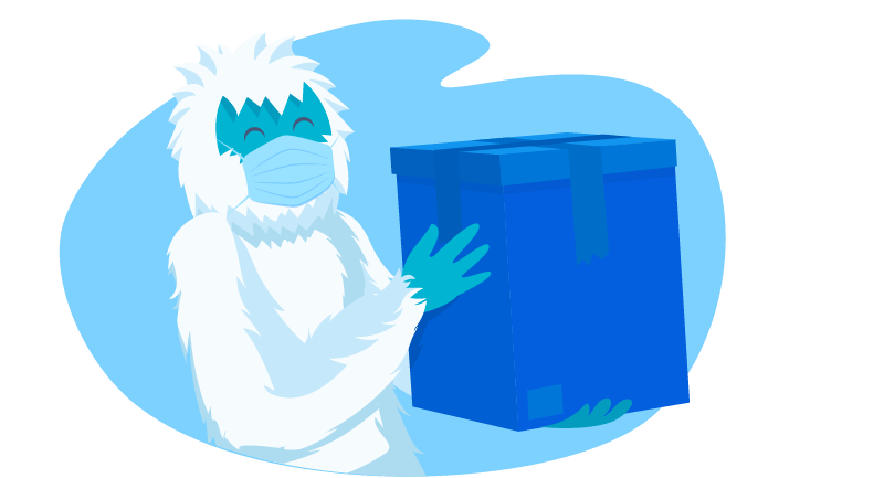 Yeti wearing mask holding a box for shipping